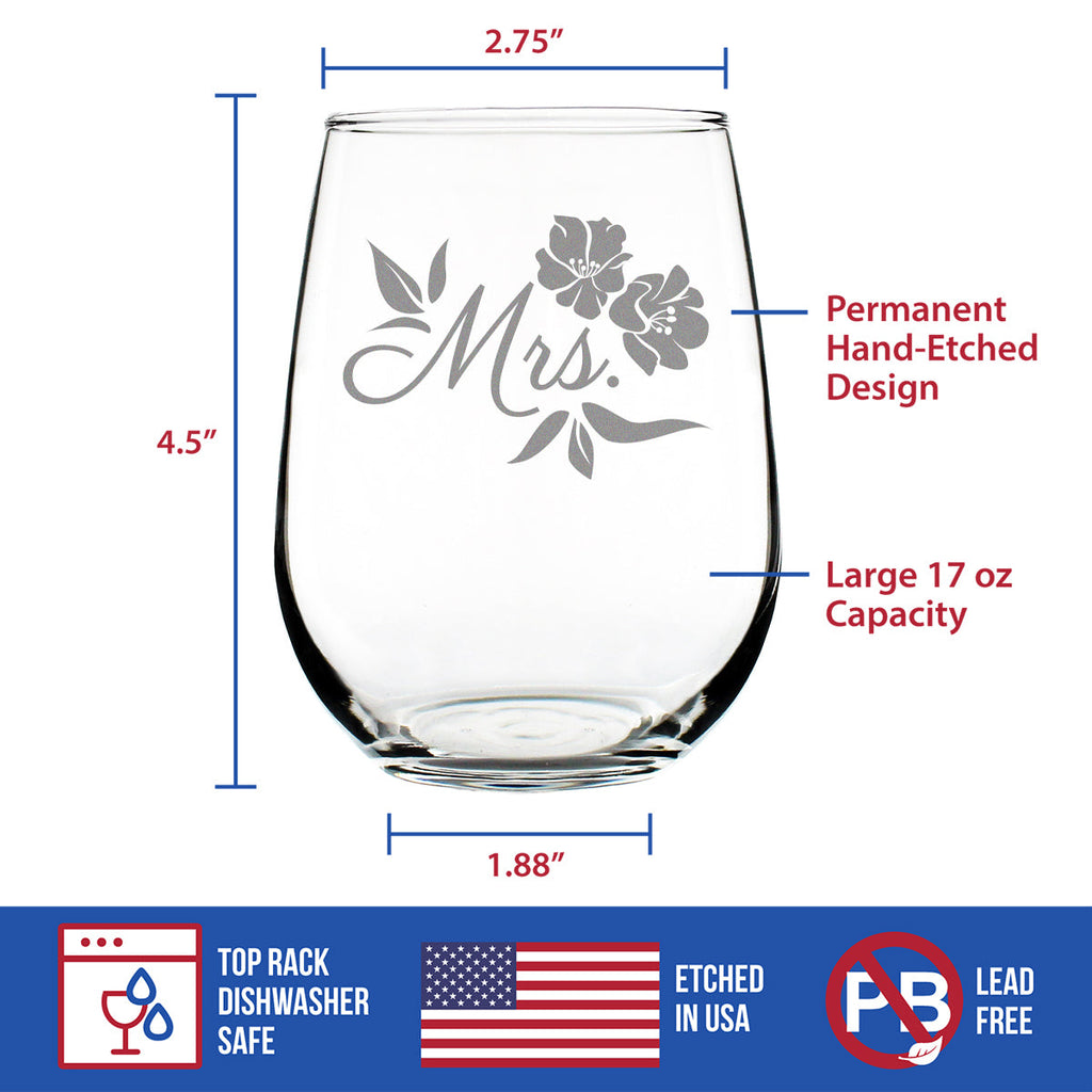 Mrs. Stemless Wine Glass - Unique Wedding Gift for Bride - Cute Engraved Wedding Cup Gift