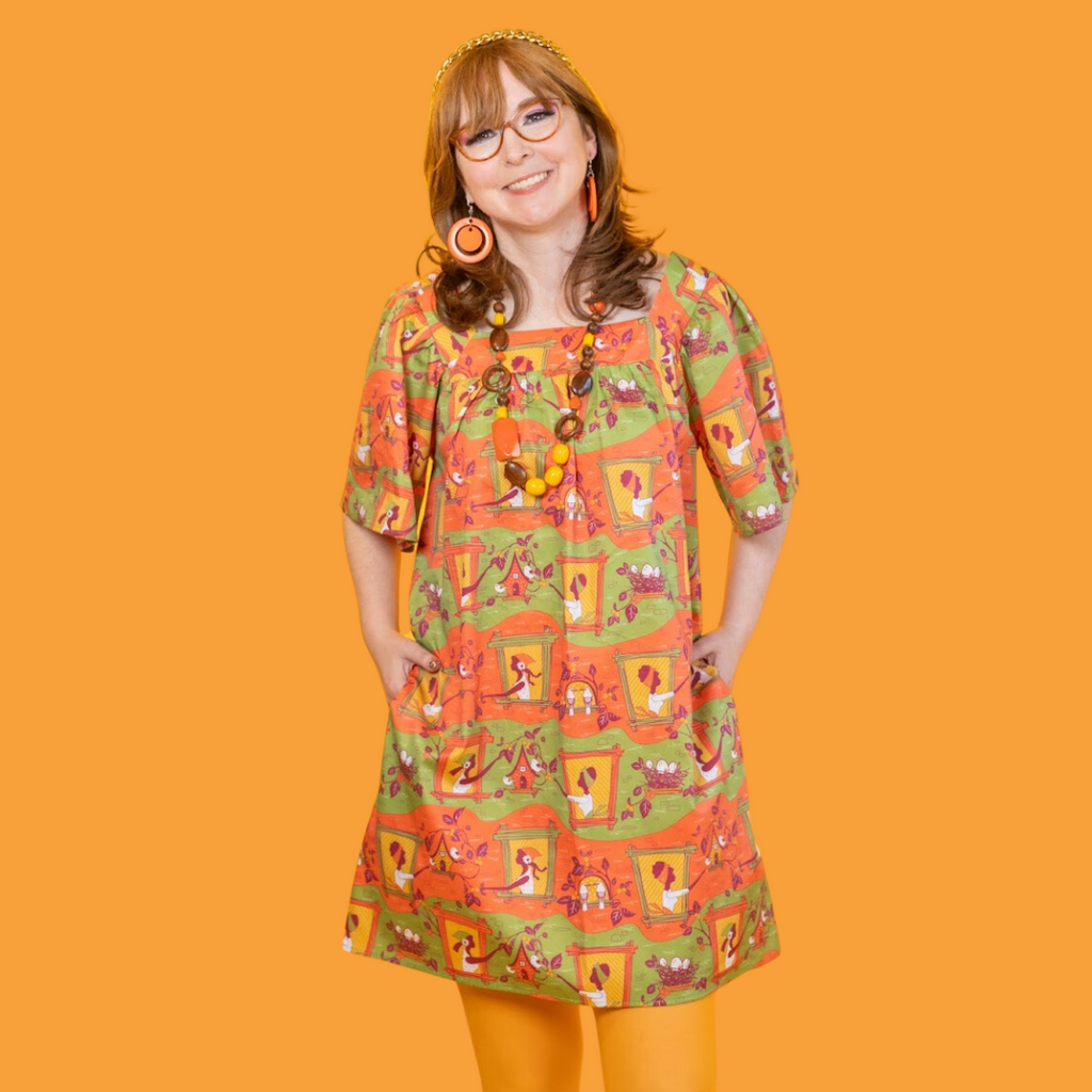 Brownstone Betties Square Neck Dress in Pumpkin & Olive