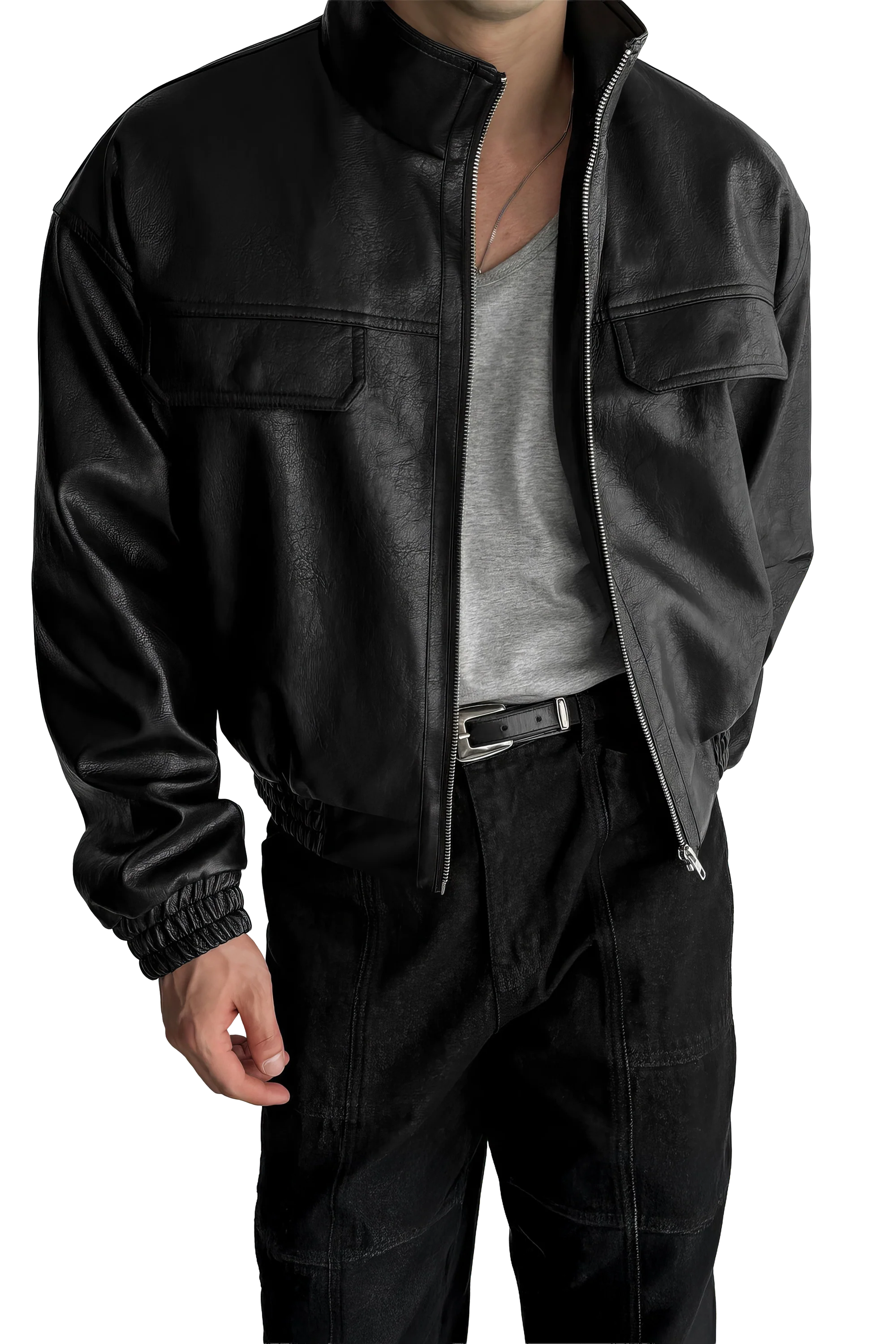 Men's Biker Leather Jacket – Short Moto Jacket with Pockets