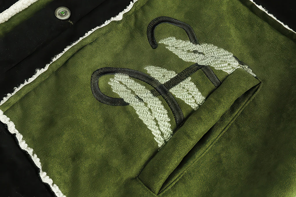 Unisex Floral Embroidery Sherpa Jacket - Color-Blocked Cotton