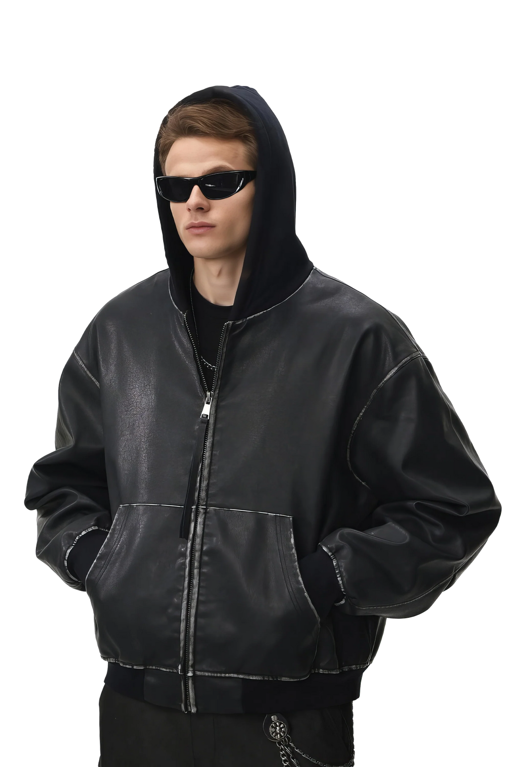 Washed Leather Hooded Jacket - Vintage American Street Style