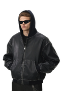 Washed Leather Hooded Jacket - Vintage American Street Style