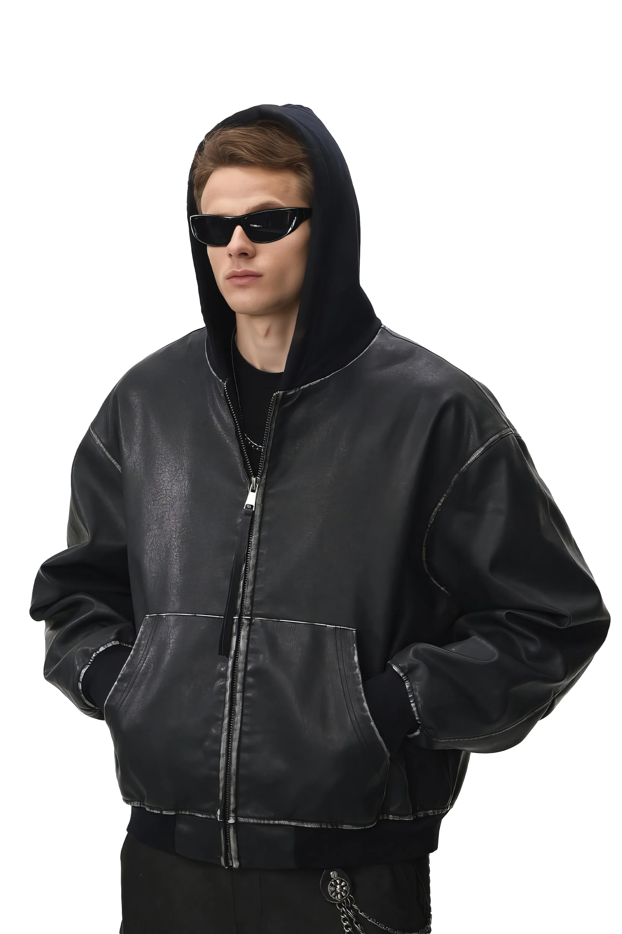 Washed Leather Hooded Jacket - Vintage American Street Style