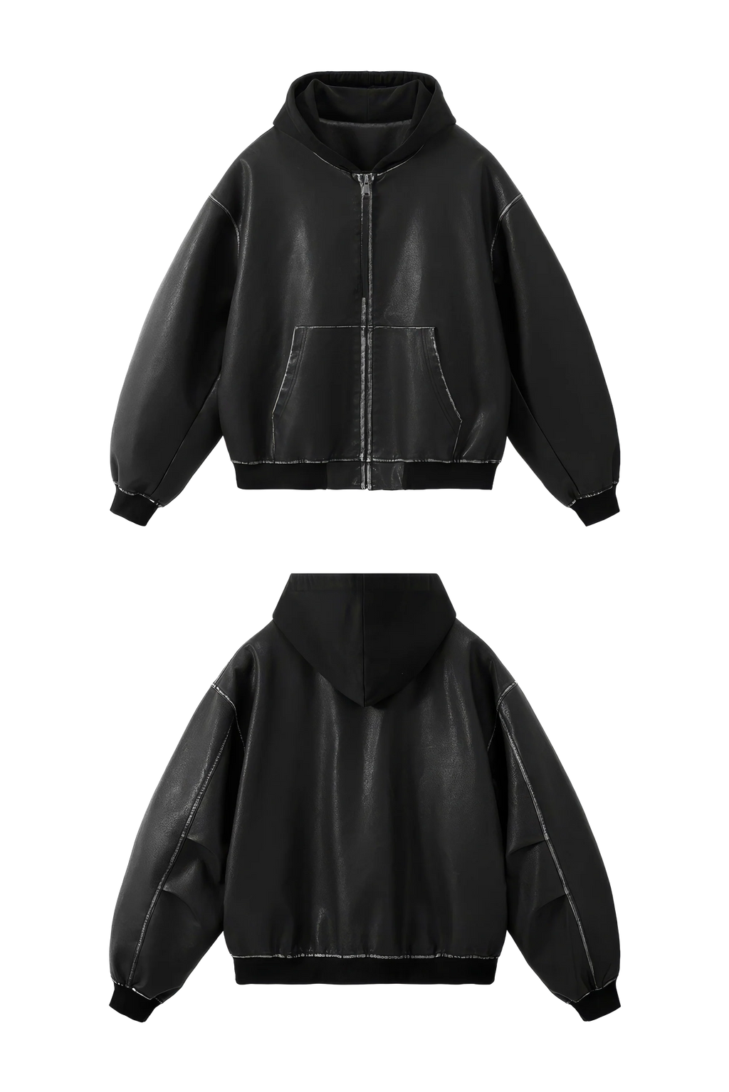 Washed Leather Hooded Jacket - Vintage American Street Style