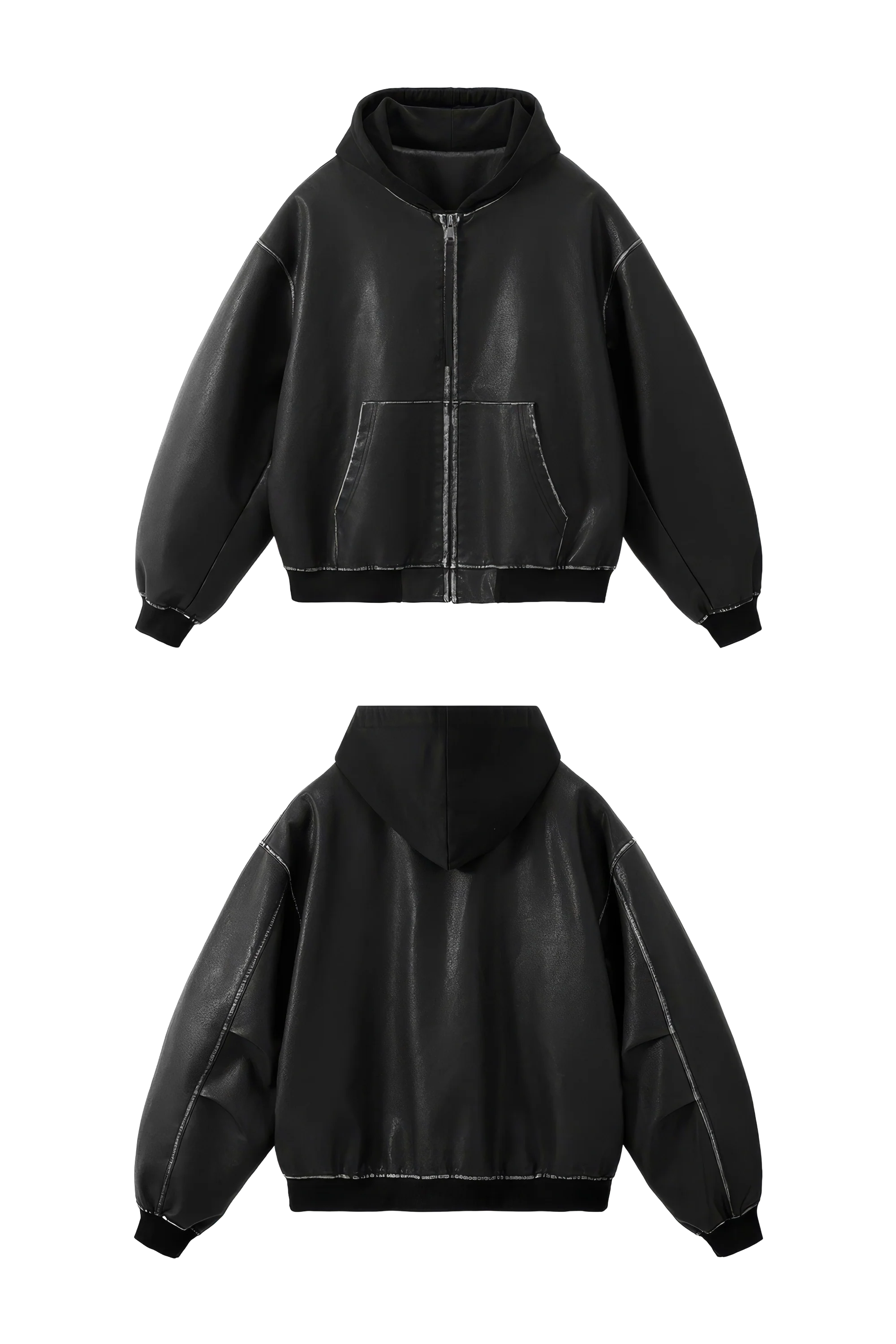 Washed Leather Hooded Jacket - Vintage American Street Style