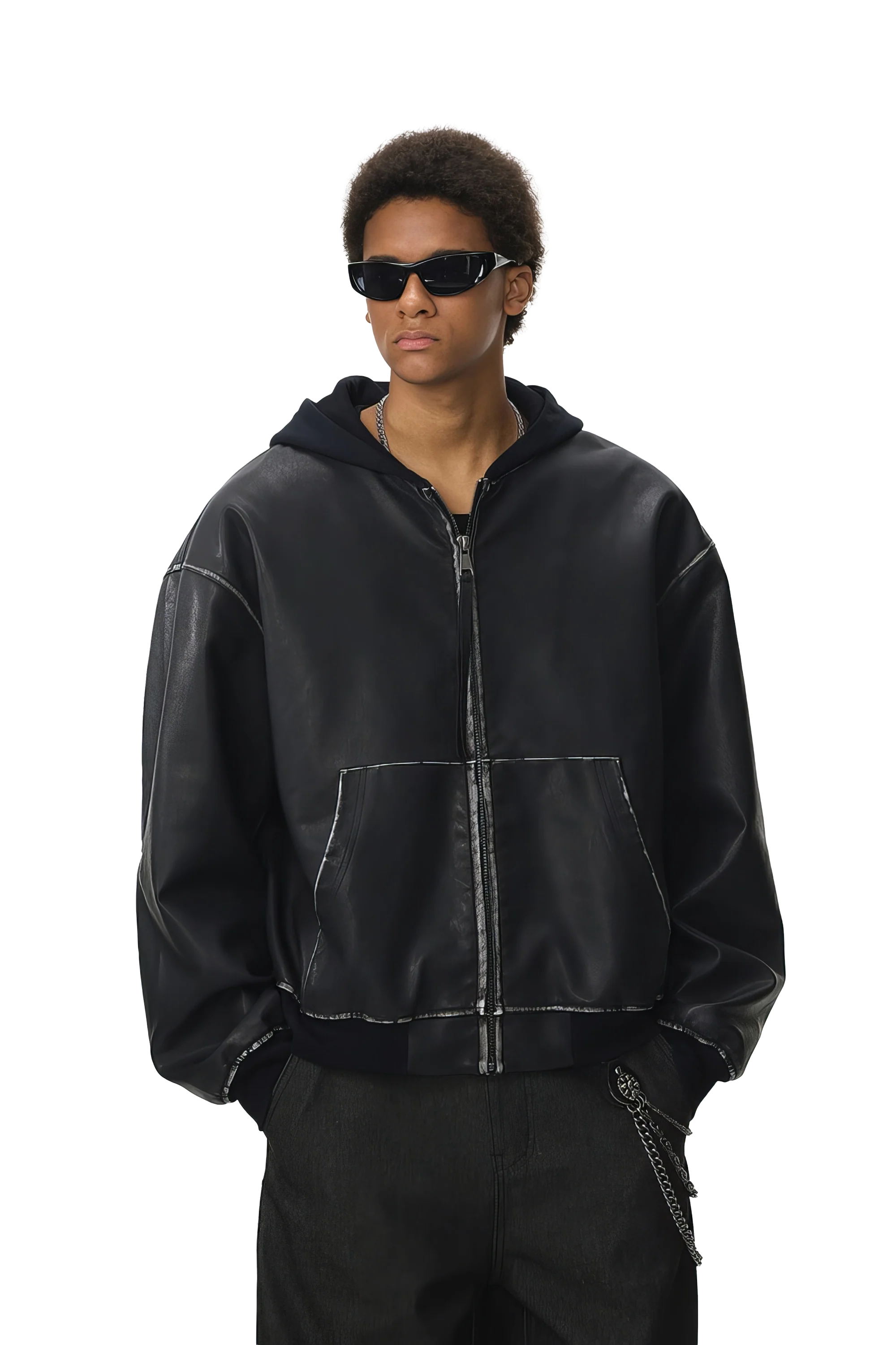 Washed Leather Hooded Jacket - Vintage American Street Style