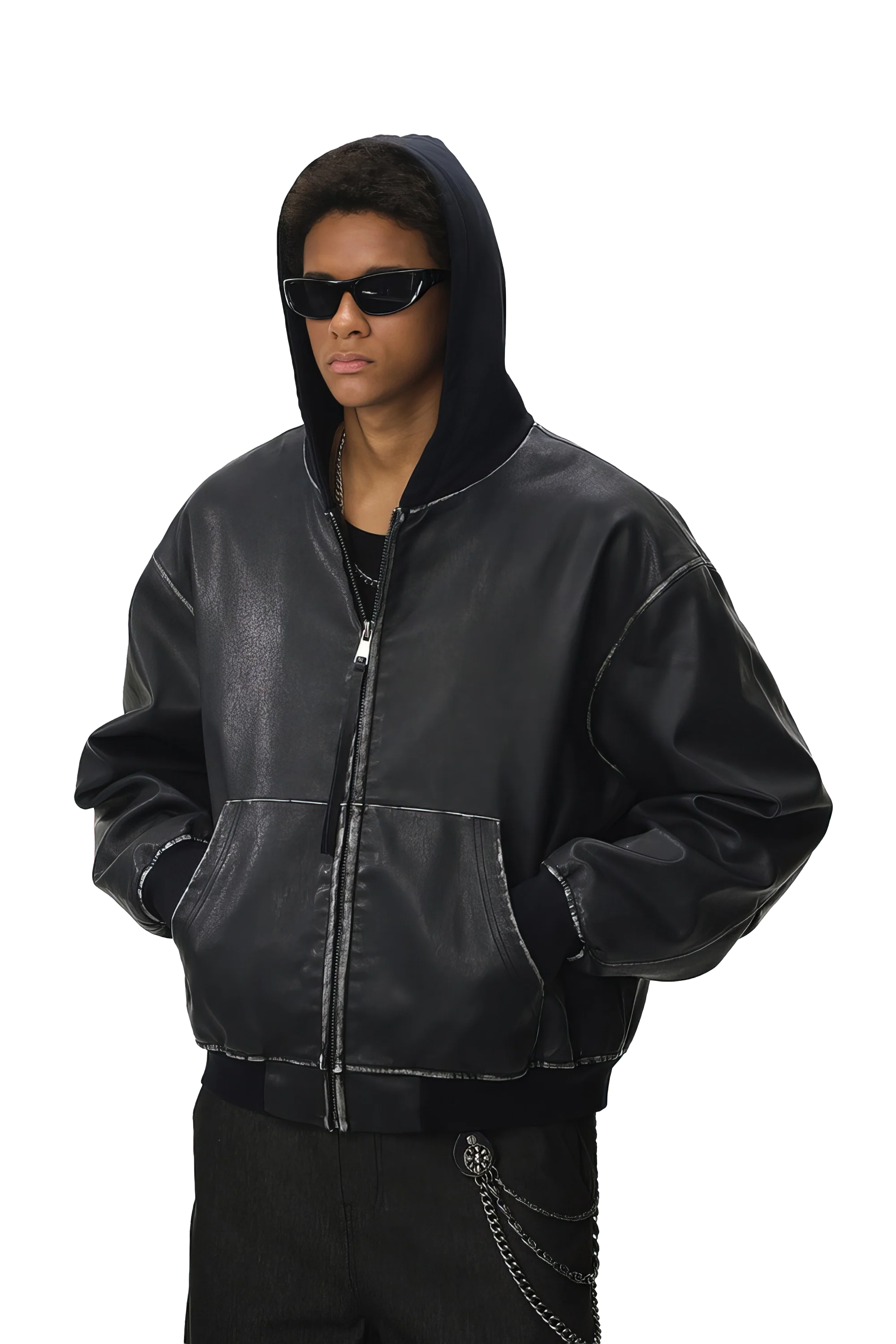 Washed Leather Hooded Jacket - Vintage American Street Style