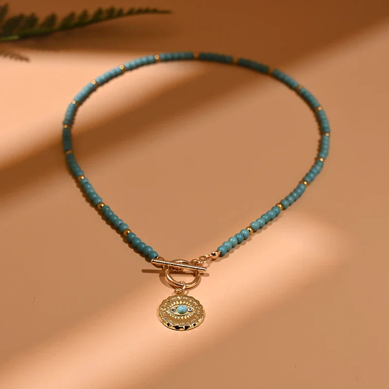 Colorful Stone Choker Necklace | Round Evil Charm Pendant for Women