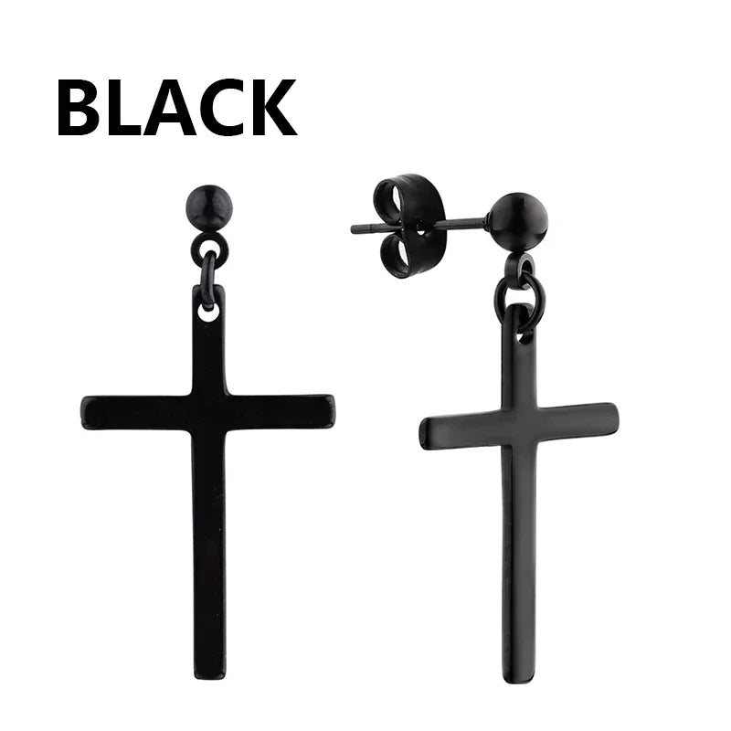 Black Stainless Steel Hoop Earrings with Cross Pendant | Unisex Punk Jewelry