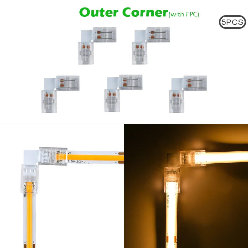 LED Strip Connectors and Fixing Clips Kit | 2-Pin COB Corner Connectors for Tape Lights