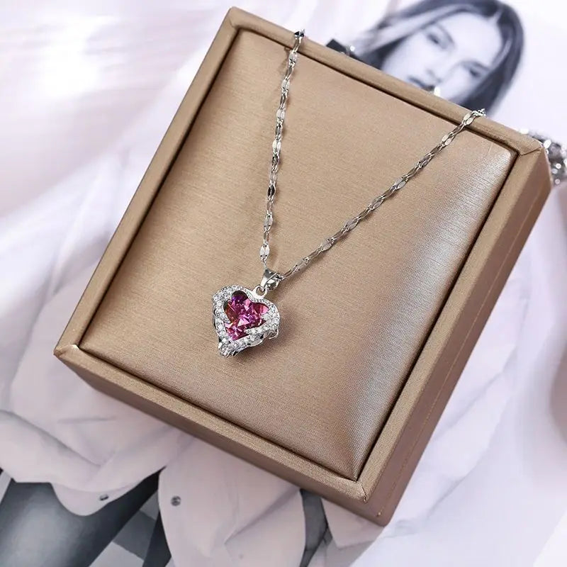 Stainless Steel Crystal Heart Pendant Necklace | Ocean Blue Jewelry for Women