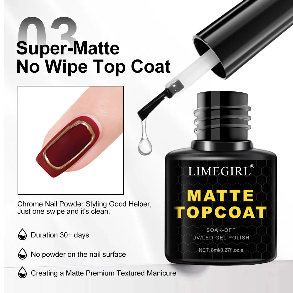 LIMEGIRL 8ml Soak Off Matte Top Base Coat | UV Gel Nail Polish for Manicure
