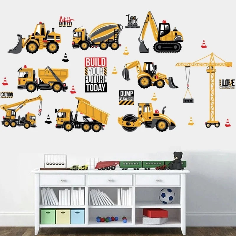 Cartoon Excavator Construction Wall Decals | Baby Boy Nursery Kids Room Stickers