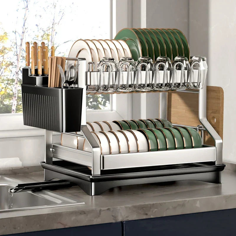 DecorBites™ 2 Tier Dish Drying Rack Utensils Storage Organizer with Drainboard
