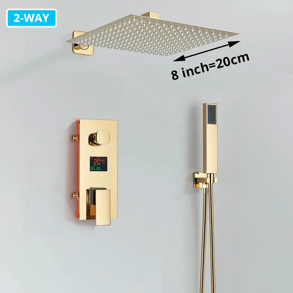 DecorBites™ Gold Digital Display Shower Set with Rainfall Head - Waterfall Bath Shower System