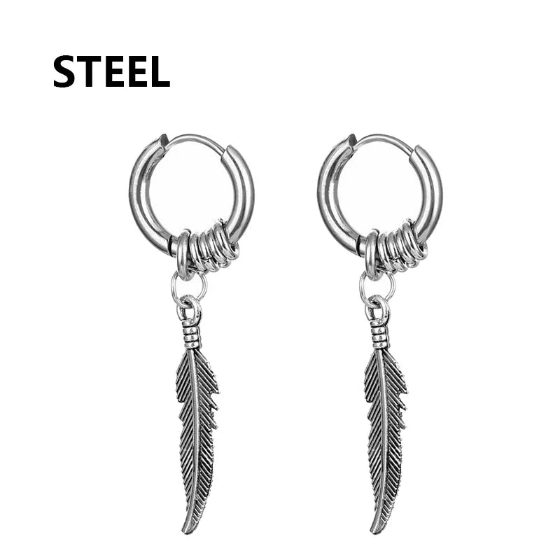 Cross Feather Stud Earrings Set | Unisex Stainless Steel Punk Jewelry