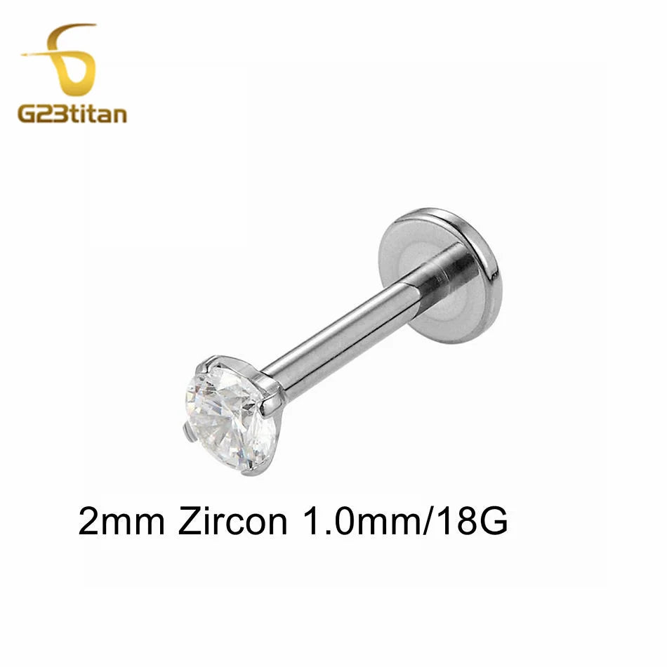 16G 18G Titanium Labret Stud Nose Ring | Zircon Internally Threaded Body Jewelry for Tragus and Helix