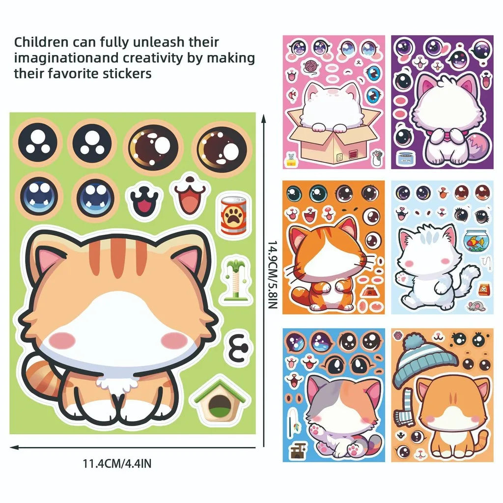 8 Pcs Cute Kitten Dress-Up Stickers for Kids | Cartoon Puzzle Toy and Waterproof Notebook Decor
