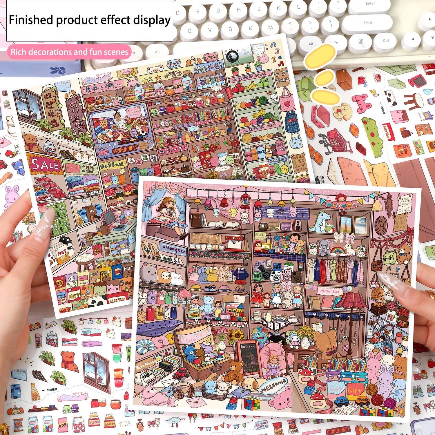 Vintage Grocery Store Scene Stickers | Miniature 3D Decorative Collage with Positioning Lines