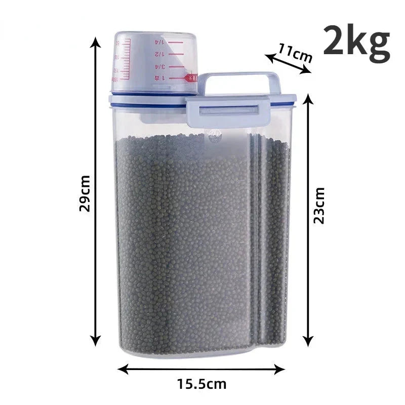 Airtight Pet Food Storage Container with Measuring Cup – 1.5kg/2kg Plastic Dog & Cat Food Pail, Moisture-Proof Sealed Jar