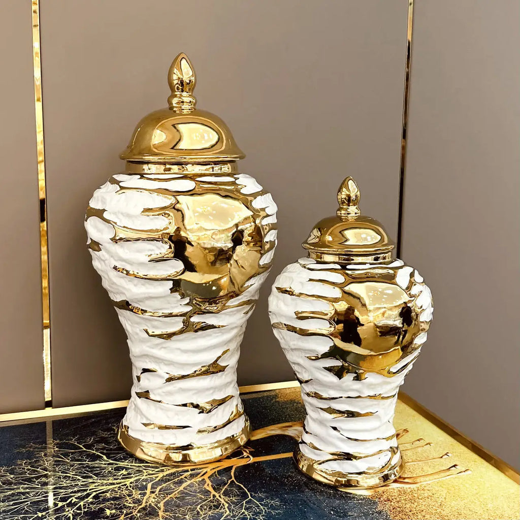 DecorBites™ Gold & White Grain Ceramic Jar: Home Decor & Storage Accessory