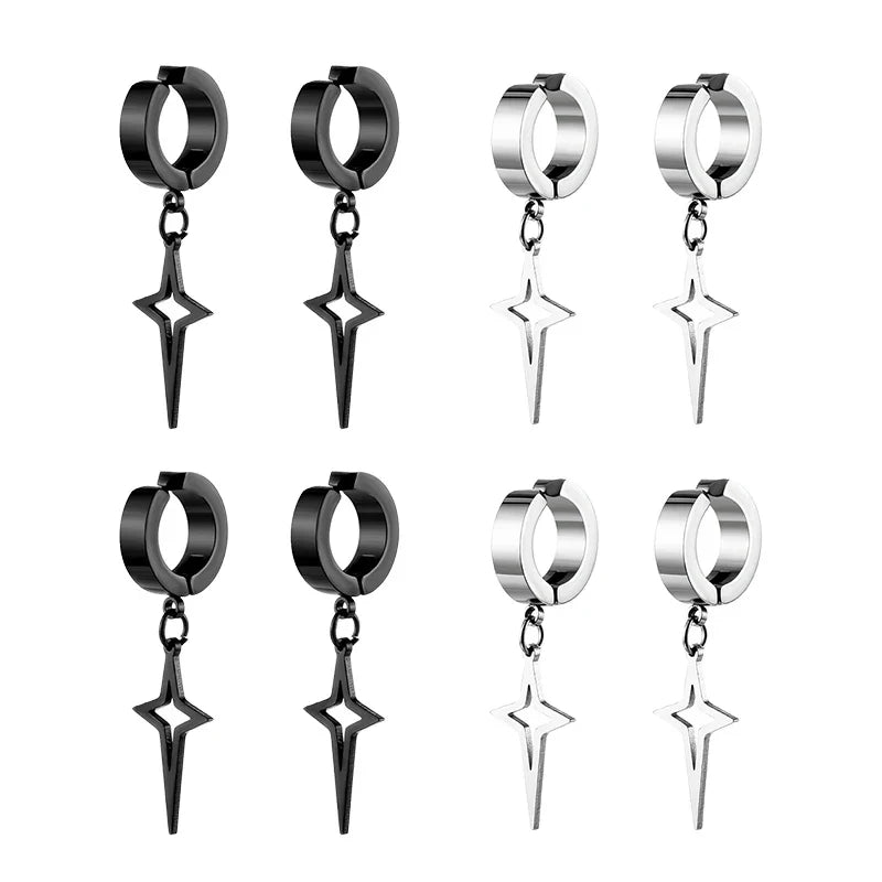 Stainless Steel Punk Star Hoop Earrings | Clip-On Earrings for Men and Women