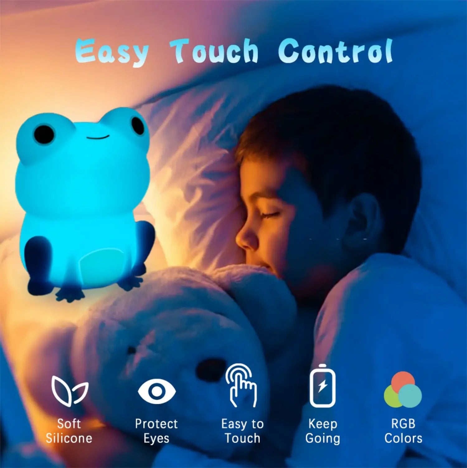 DecorBites™ Frog Night Light: Soft Silicone Dimmable Lamp for Kids, Rechargeable with Colorful Light