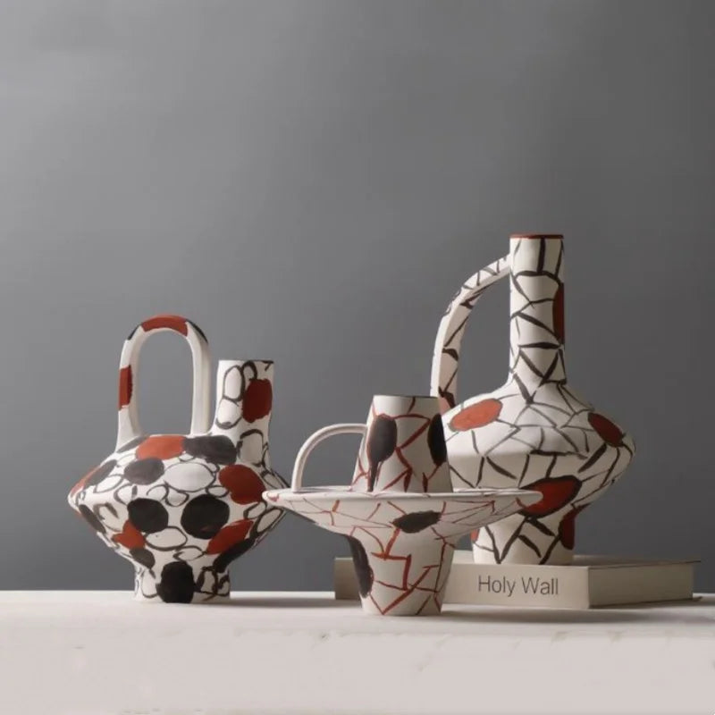 DecorBites™ Geometric Graffiti Ceramic Vase with Handles for Home Decor and Floral Arrangements.