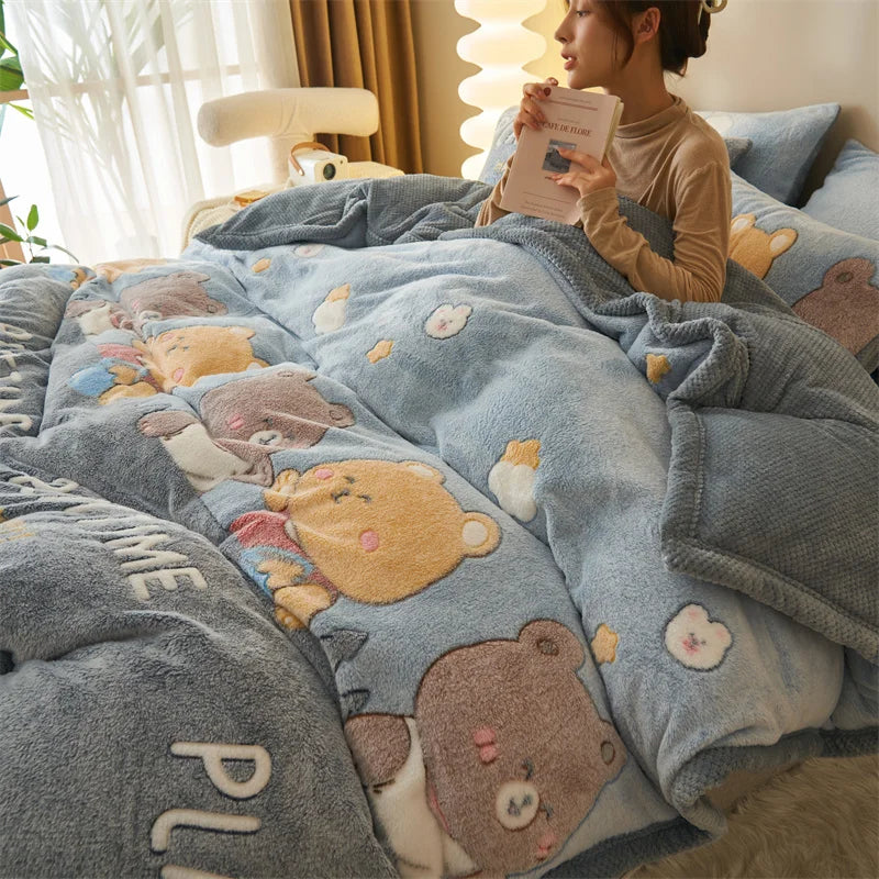 Blue teddy bear winter velvet duvet cover bedroom plush blanket