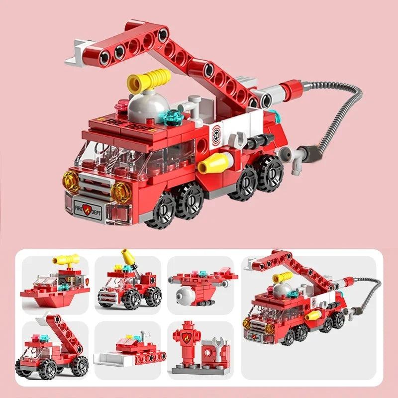 City Fire Car Building Blocks Set | 6-in-1 Police Truck, Engineering Crane, Tank & Helicopter Toys for Kids