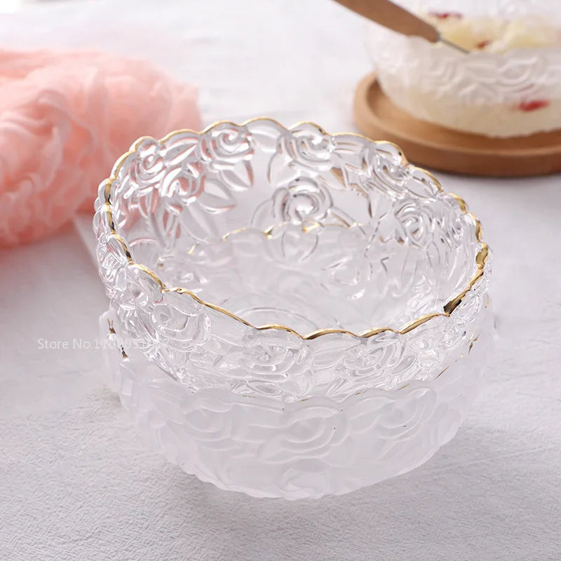DecorBites™ Glass Salad Bowl with Golden Edge - Vintage Engraving, Relief Craft