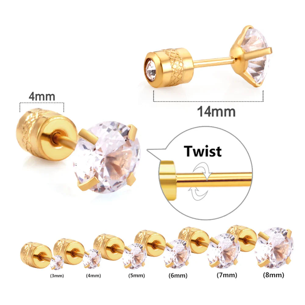 LUXUSTEEL Crystal Zircon Stud Earrings | Screw Back Round CZ Earrings for Men Women