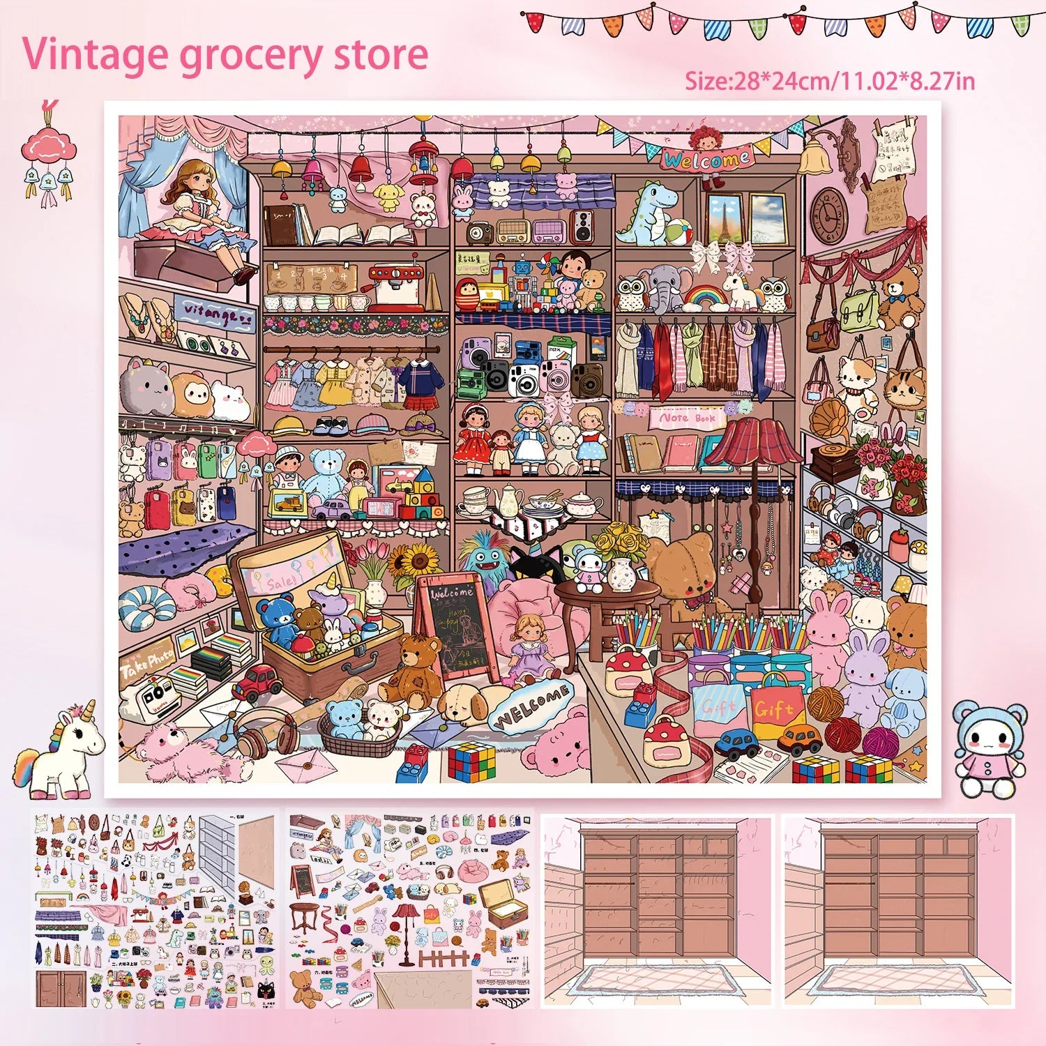 Vintage Grocery Store Scene Stickers | Miniature 3D Decorative Collage with Positioning Lines