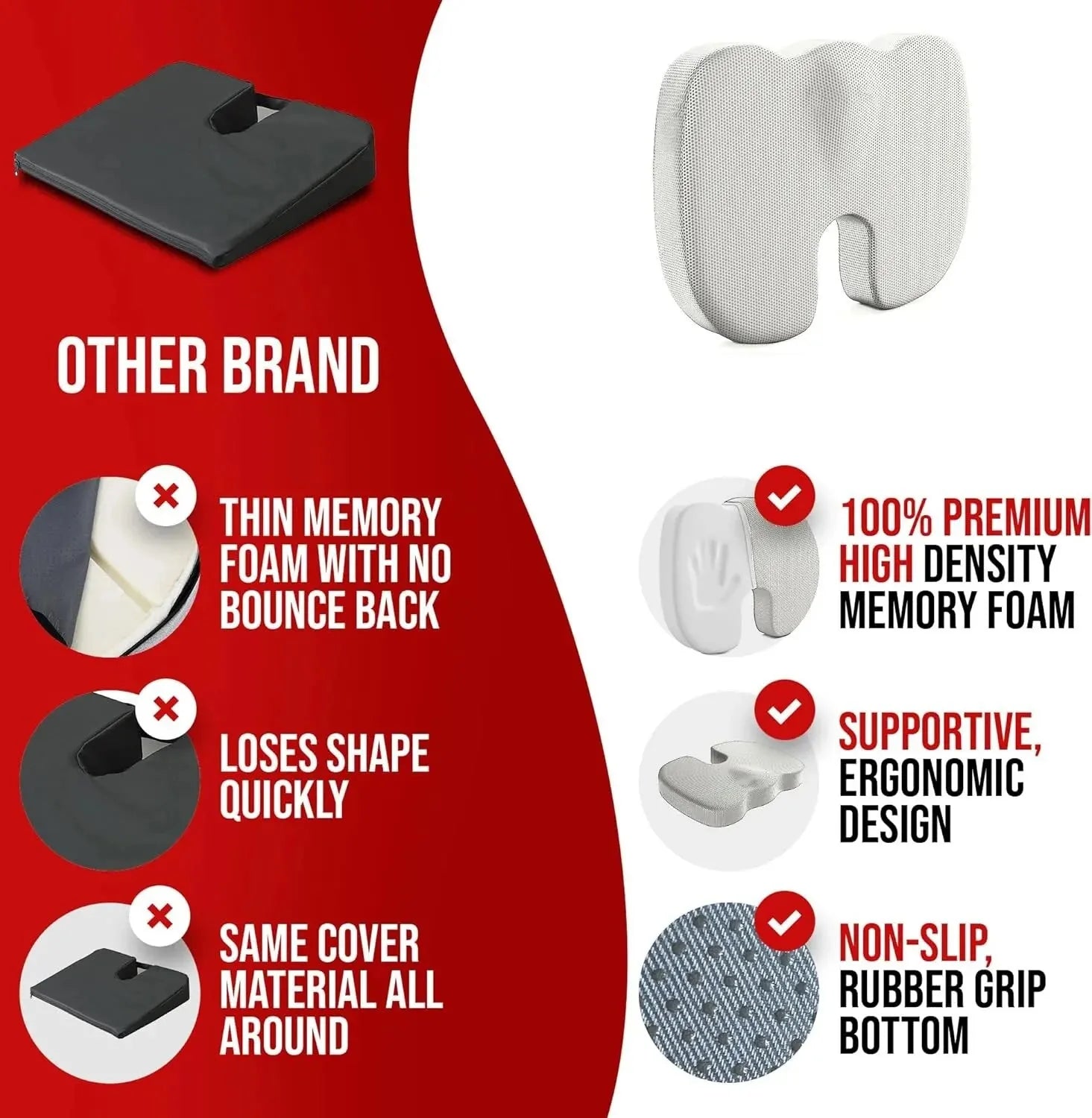 Ergonomic Memory Foam Office Cushion - Hemorrhoid & Chair Support for Long Sitting