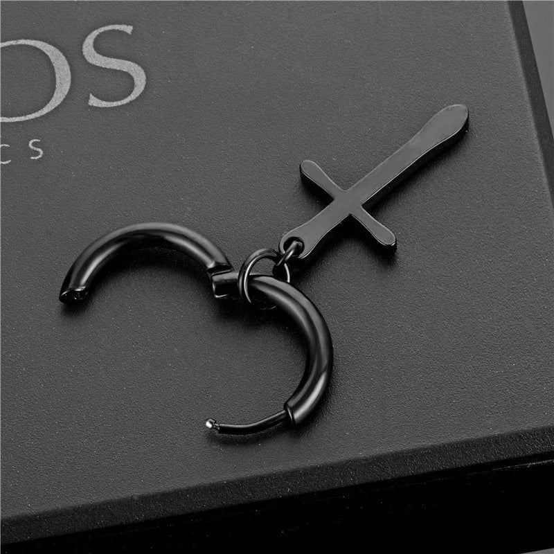 Black Stainless Steel Hoop Earrings with Cross Pendant | Unisex Punk Jewelry