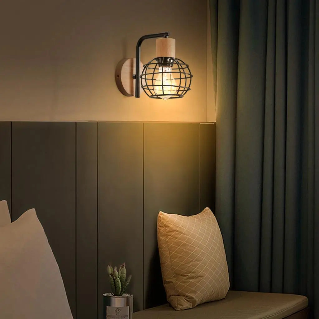DecorBites™ Industrial Wire Cage Wall Sconce E27 Rustic Retro Bedside Light Fixture