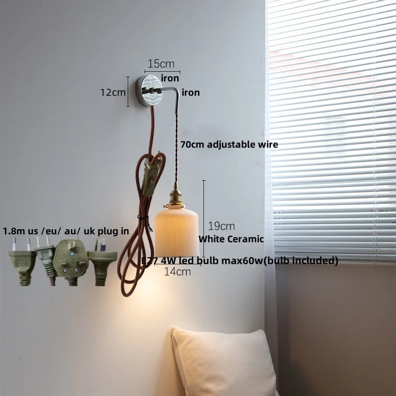 DecorBites™ Ceramic Canopy LED Wall Lamp, Adjustable Wire, Pull Chain Switch