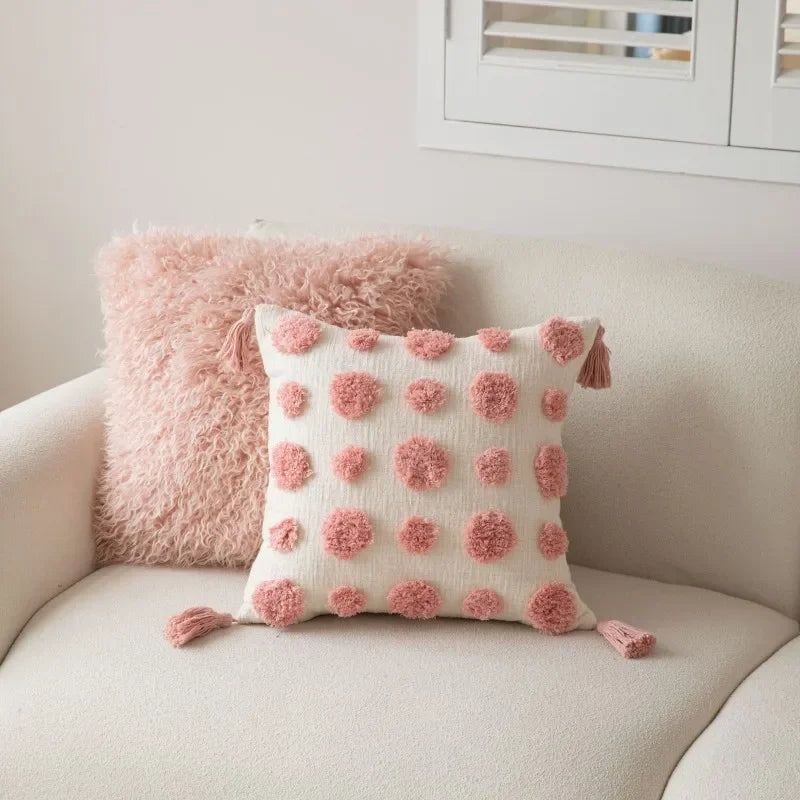 DecorBites™ Geometric Embroidered Loop Tufted Throw Pillow Covers - Pink Tufted Cushion Cover