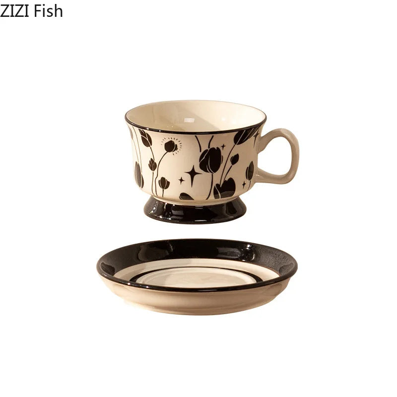 DecorBites™ Flowers Pattern Ceramic Cup&saucer Set Gold-plated Coffee Tea Mug Juice Container