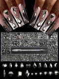 21 Grid Nail Art Rhinestone Set - Multi-Style Flat Bottom Glass Diamonds