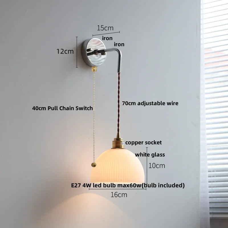 DecorBites™ Ceramic Canopy LED Wall Lamp, Adjustable Wire, Pull Chain Switch
