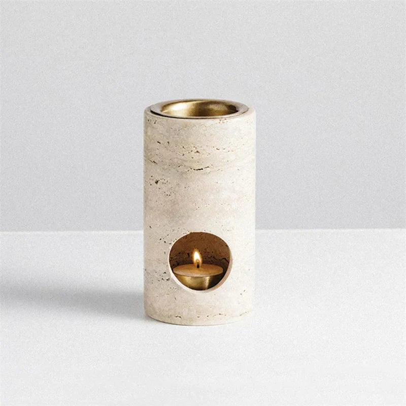 DecorBites™ Beige Travertine Stone Essential Oil Burner Diffuser Cyclinder 7x14CM