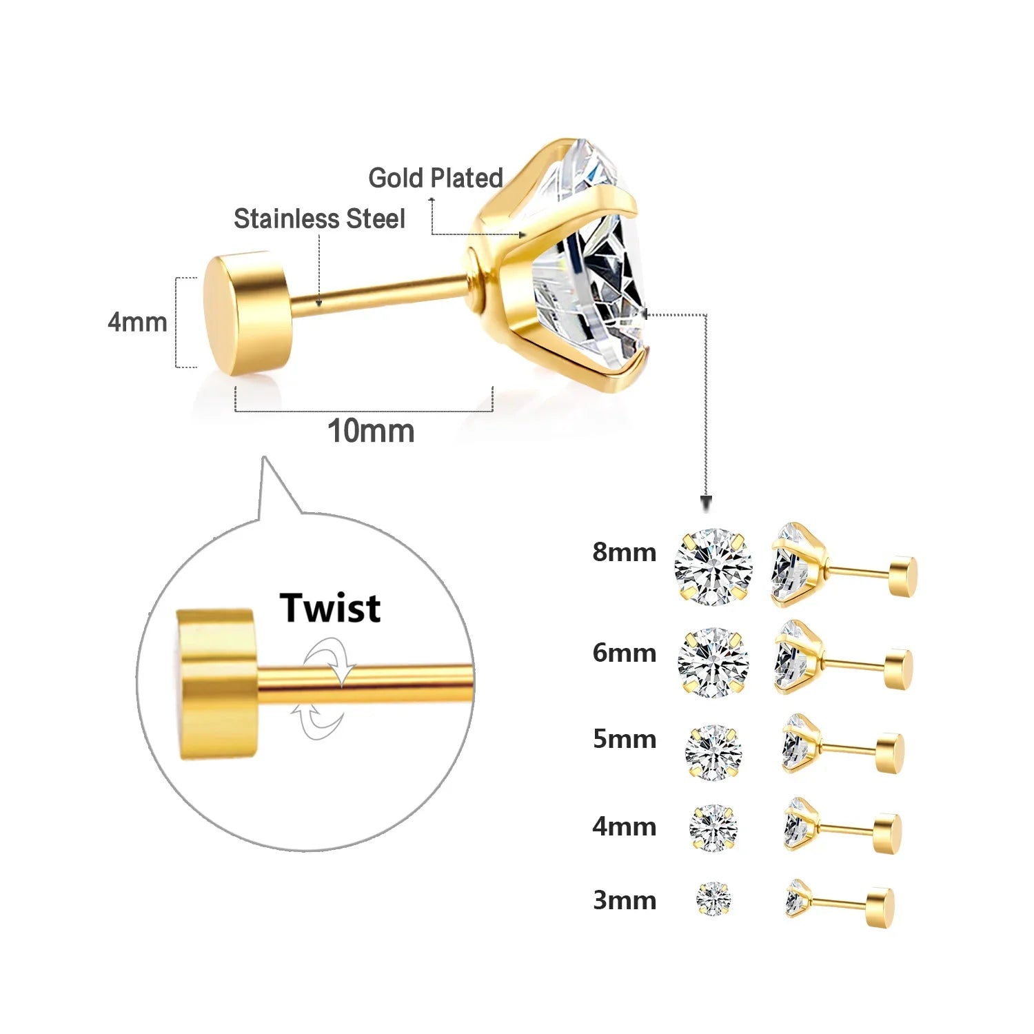 LUXUSTEEL Crystal Zircon Stud Earrings | Screw Back Round CZ Earrings for Men Women
