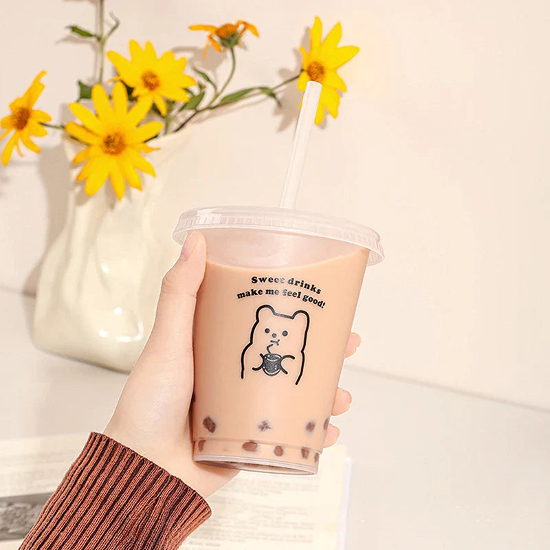Kawaii Water Bottle for Coffee Juice Milk Tea | Cute Plastic Cold Cups with Straw Lid