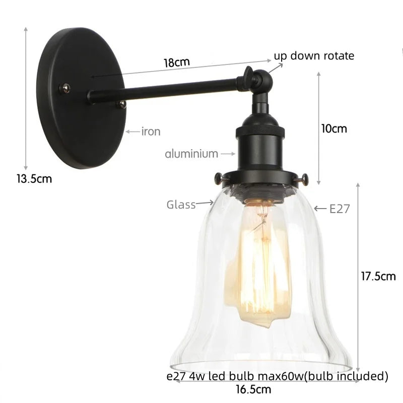 DecorBites™ Industrial Vintage LED Wall Sconce Stair Loft Bedside Lamp Glass Mirror Light