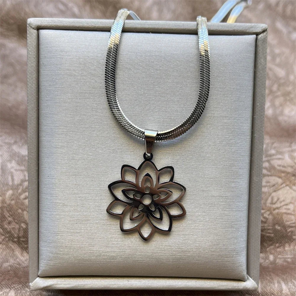 Stainless Steel Unalome Pendant Necklace | Yoga Jewelry with Lotus Flower