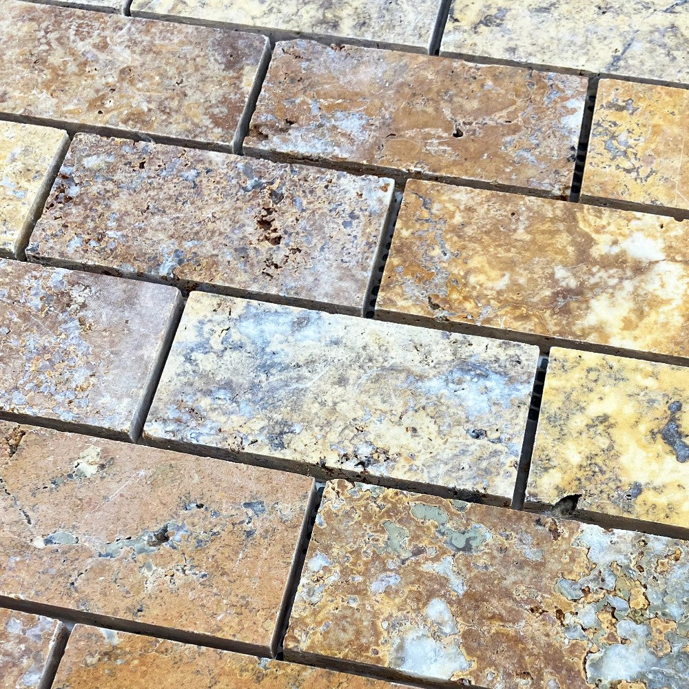 Scabos Travertine Golden 2x4 Brick Honed Mosaic Tile 12x12 Mesh