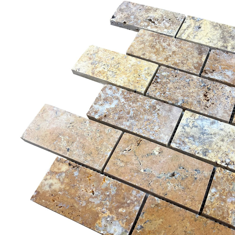 Scabos Travertine Golden 2x4 Brick Honed Mosaic Tile 12x12 Mesh