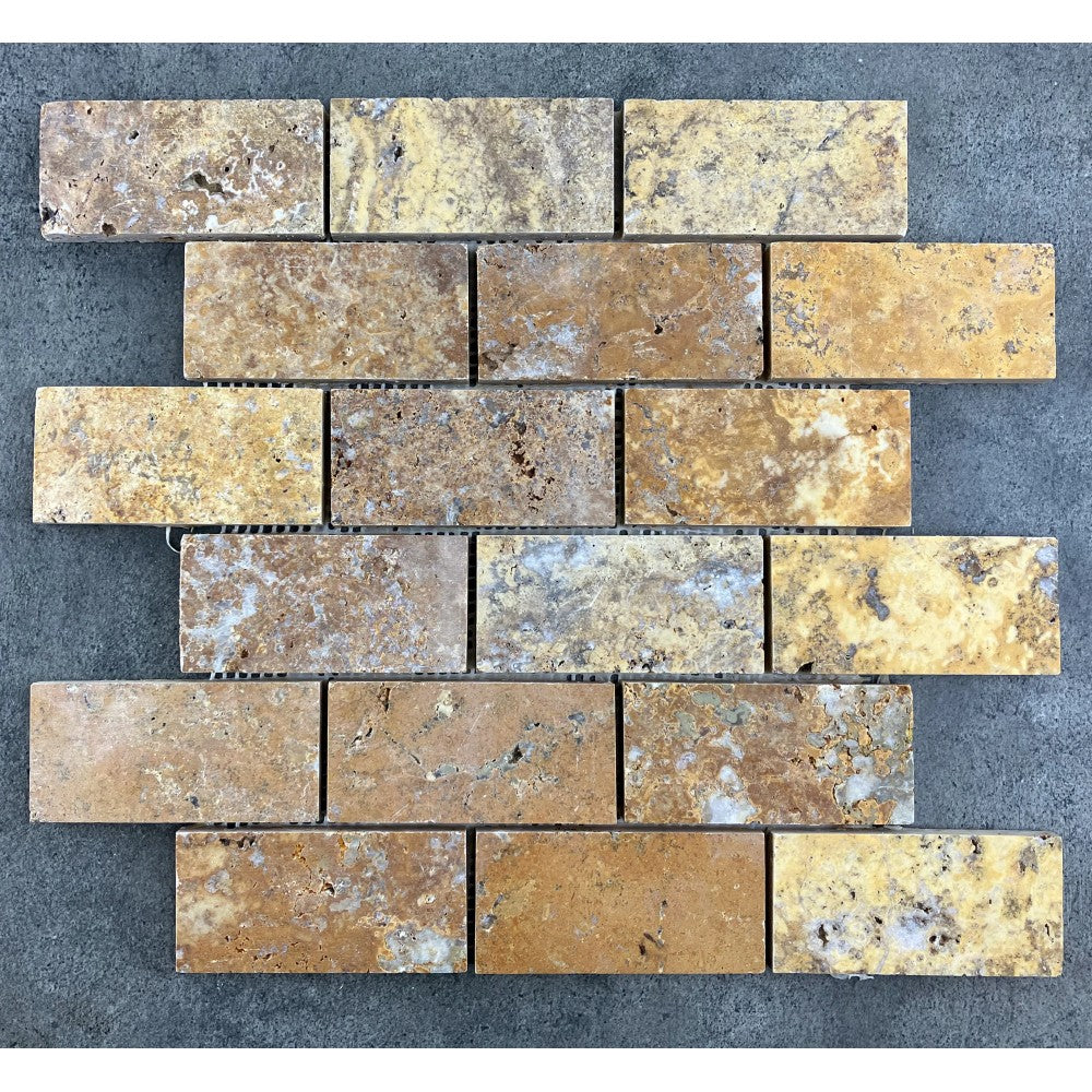 Scabos Travertine Golden 2x4 Brick Honed Mosaic Tile 12x12 Mesh