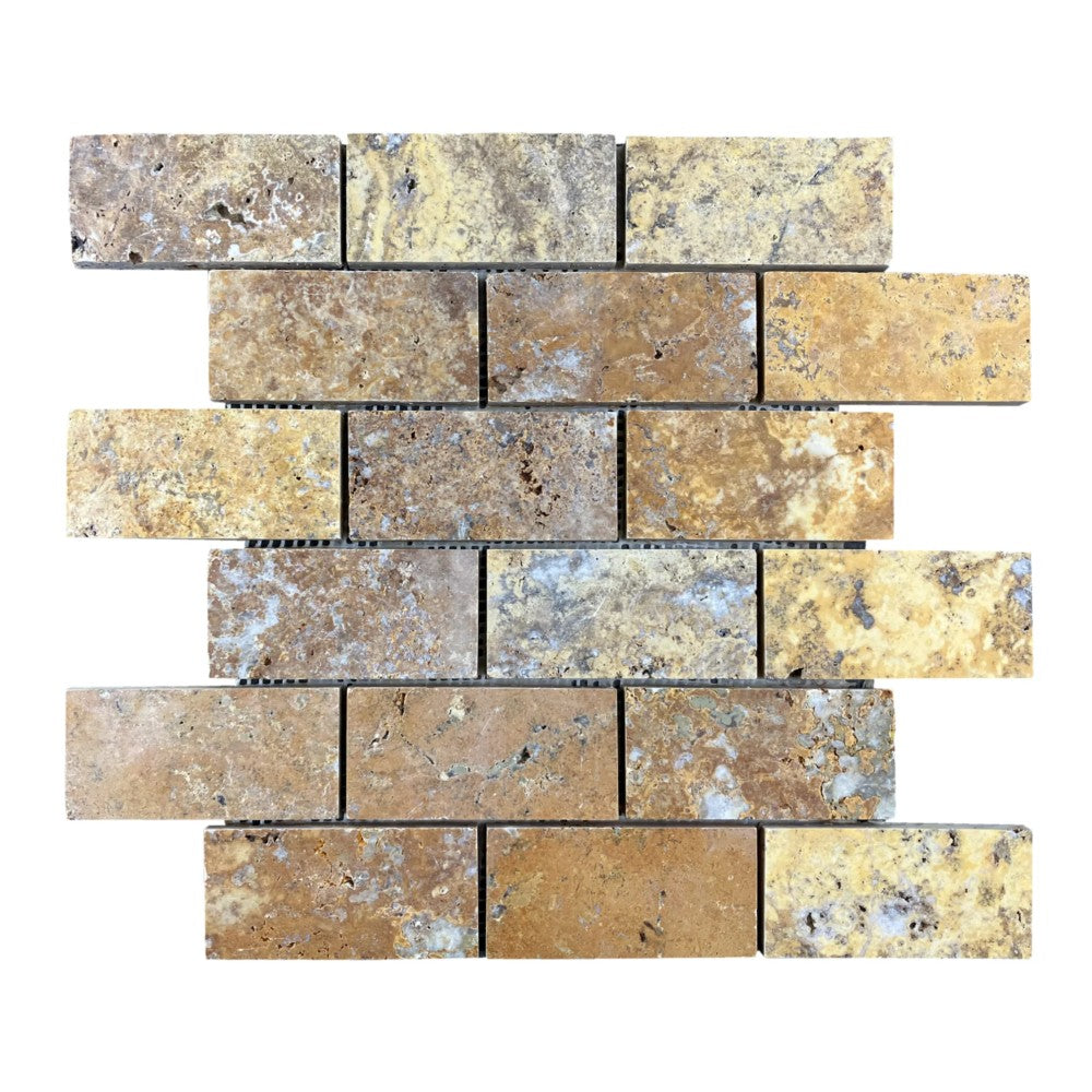 Scabos Travertine Golden 2x4 Brick Honed Mosaic Tile 12x12 Mesh